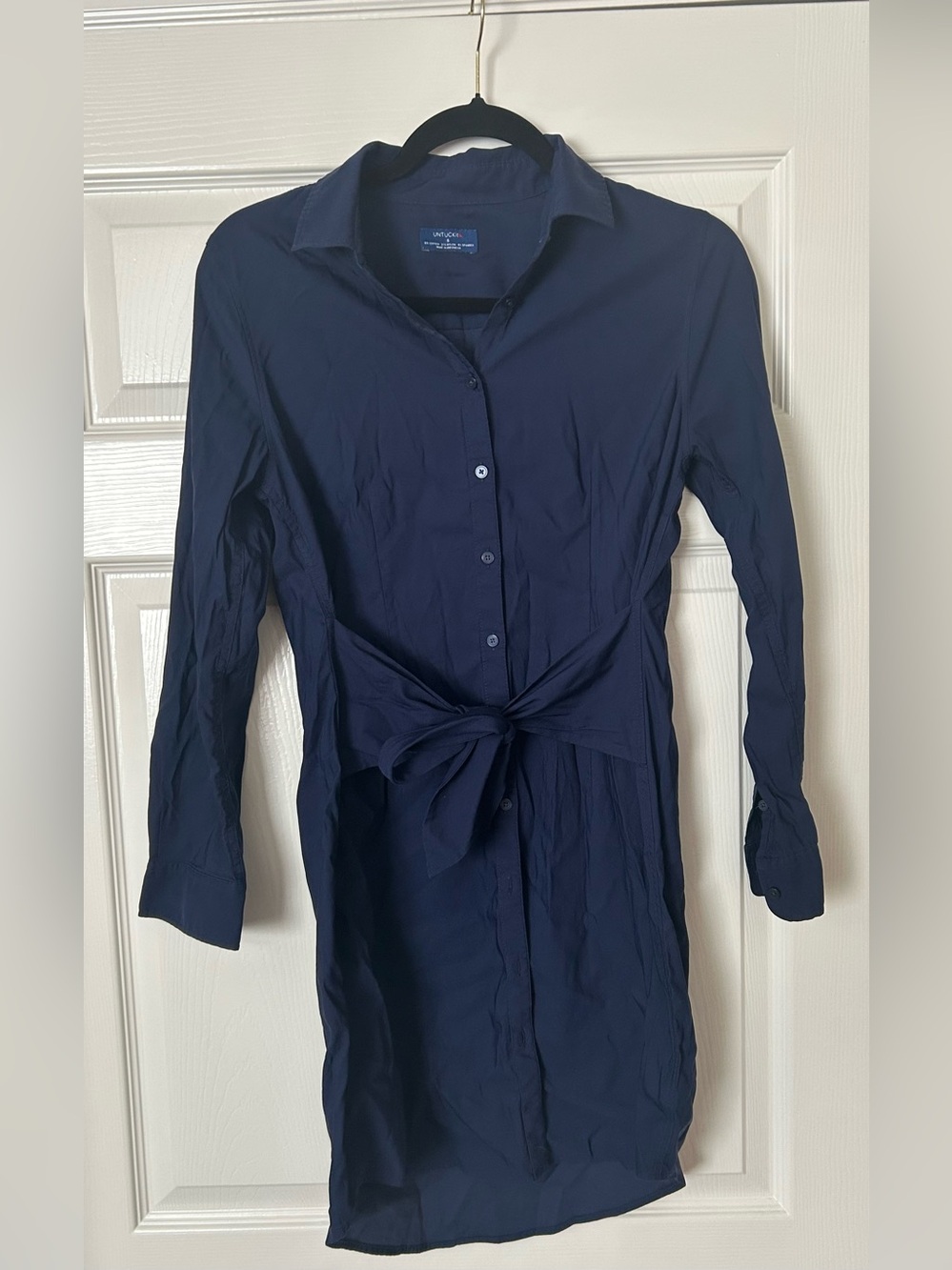 UNTUCKit Lisa Stretch Cotton Belted Shirt Dress - Navy Blue - Womens Size 6